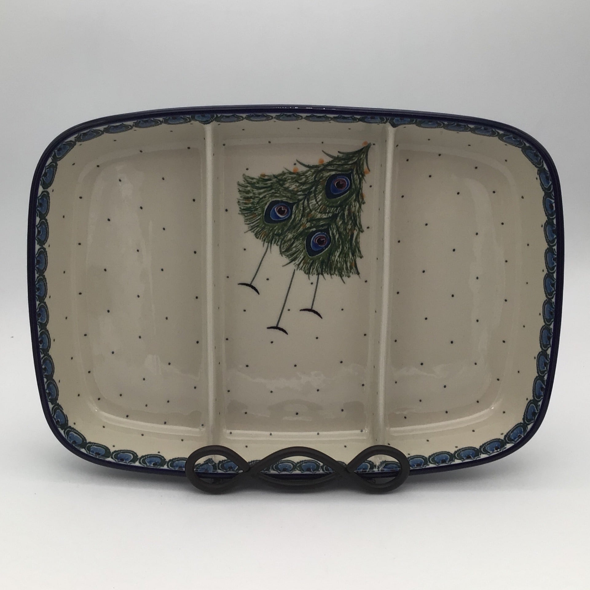 large-rectangle-divided-dish-peacock-siostra-polish-pottery